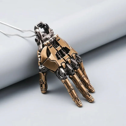mechanical hand jewelry pendant with openable back panel revealing internal gears steampunk industrial style necklace - Gold, Silver