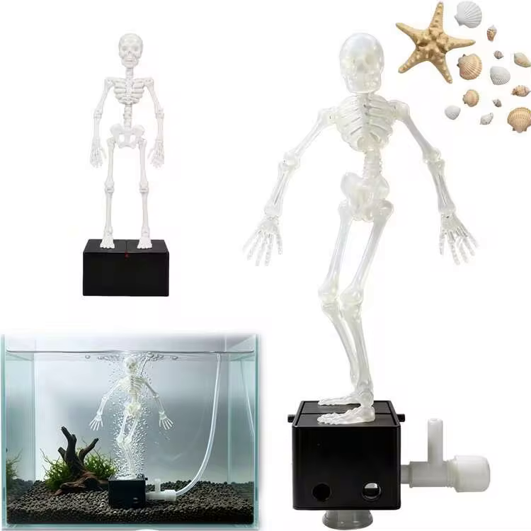 white dancing skeleton fish tank bubbler with black base unit and adjustable air valve for aquarium air pump setups