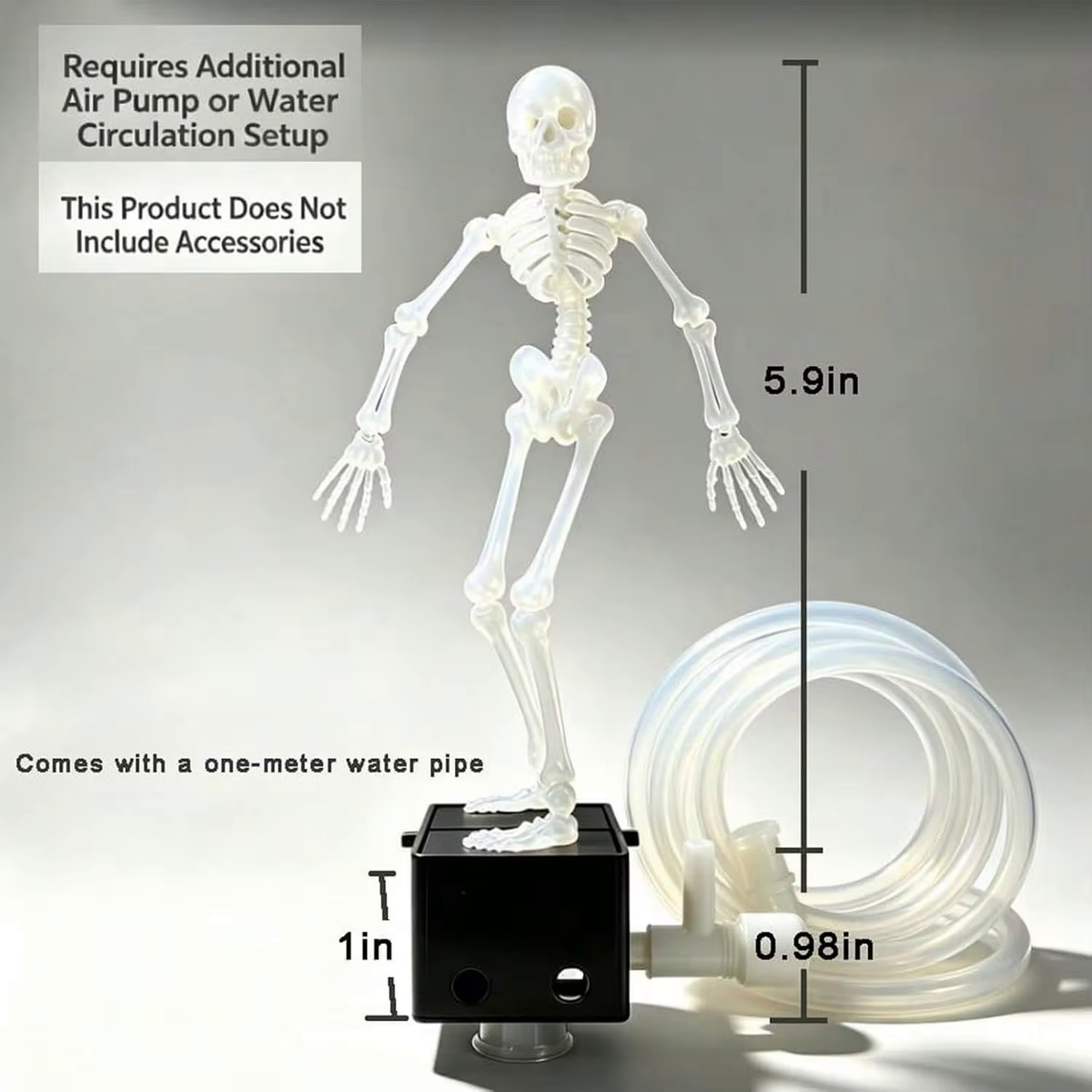 aquarium decorations size guide showing a 5.9 inch skeleton bubbler with 1 meter air tubing for nano and betta tanks