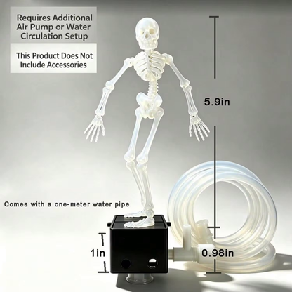 aquarium decorations size guide showing a 5.9 inch skeleton bubbler with 1 meter air tubing for nano and betta tanks