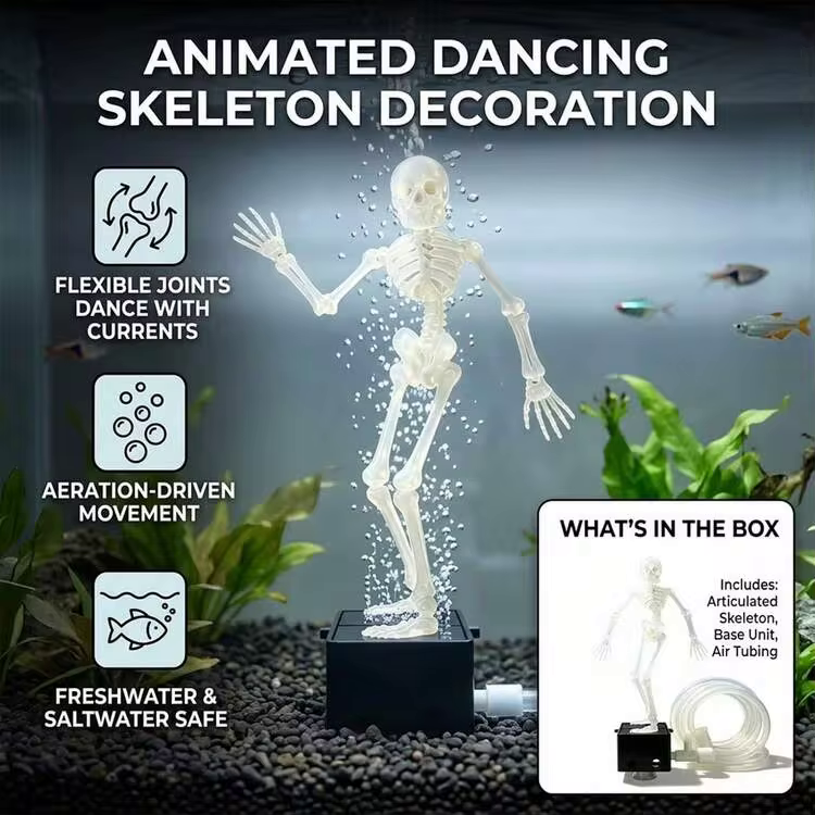 animated skeleton aquarium ornament kit with articulated skeleton base unit and air tubing as halloween fish tank decor