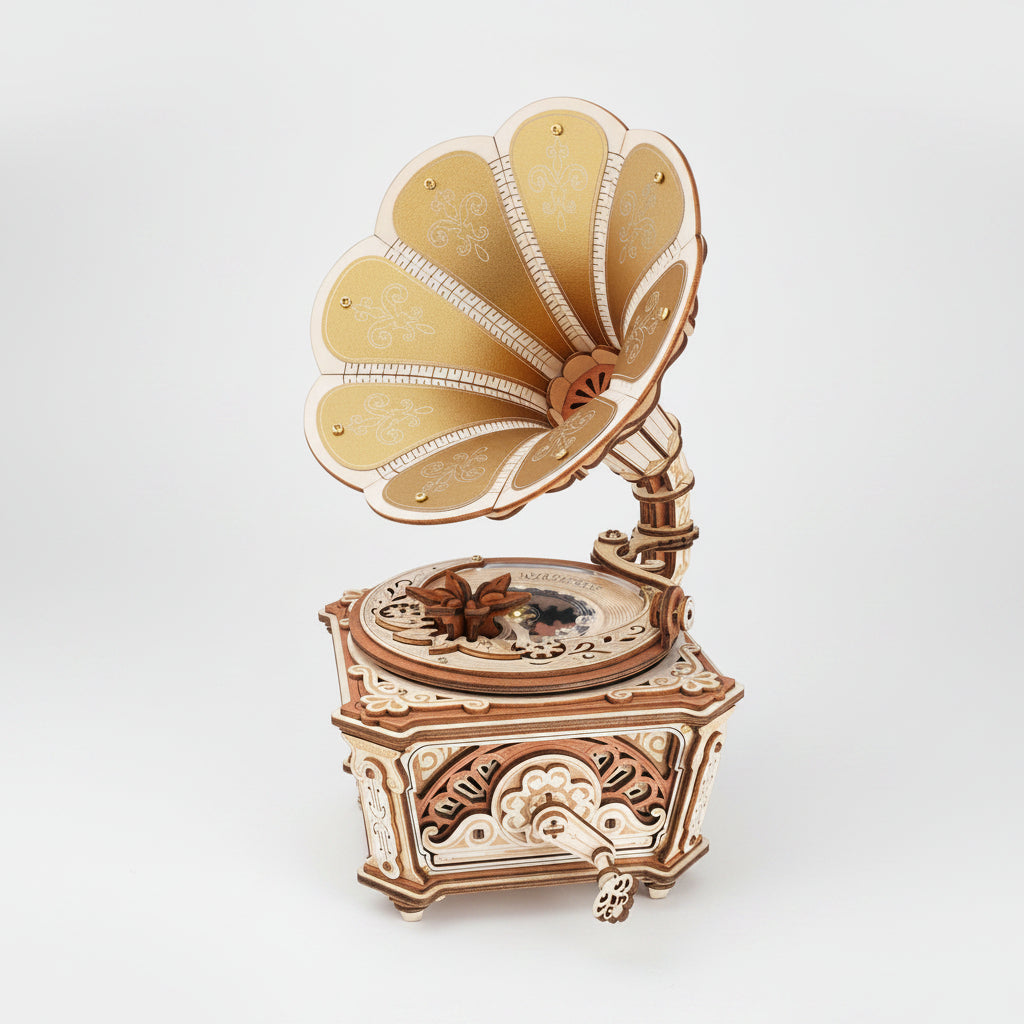 wooden gramophone music box 3D puzzle kit assembled vintage diva model with pearl gold horn for adult collectors