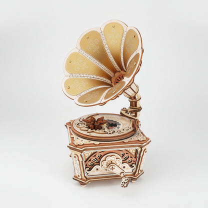 wooden gramophone music box 3D puzzle kit assembled vintage diva model with pearl gold horn for adult collectors