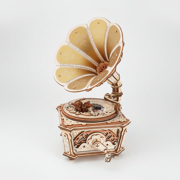 wooden gramophone music box 3D puzzle kit assembled vintage diva model with pearl gold horn for adult collectors
