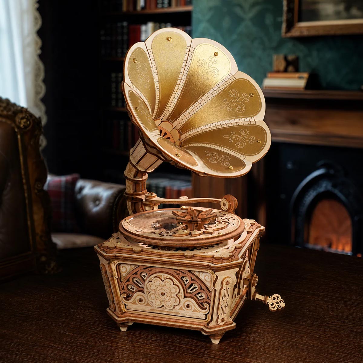 vintage diva gramophone music box display in french library parlor study collector home decor anniversary gift
