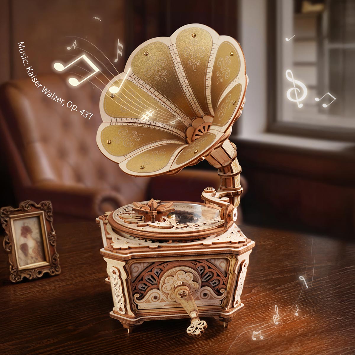 hand crank music box gramophone plays strauss emperor waltz kaiser walzer mechanical wooden kit anniversary gift