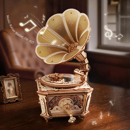 hand crank music box gramophone plays strauss emperor waltz kaiser walzer mechanical wooden kit anniversary gift