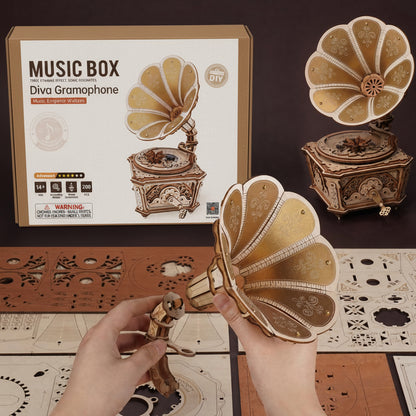 diy music box kit packaging unboxed 200 piece wooden gramophone advanced model build anniversary birthday gift