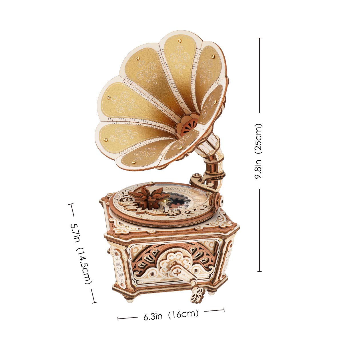 wooden gramophone music box assembled size 6.3 x 5.7 x 9.8 inches vintage desk shelf display piece for adults