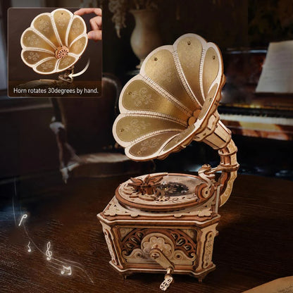 hand crank gramophone music box rotating horn 30 degree feature wooden diy kit vintage parlor decor adult gift