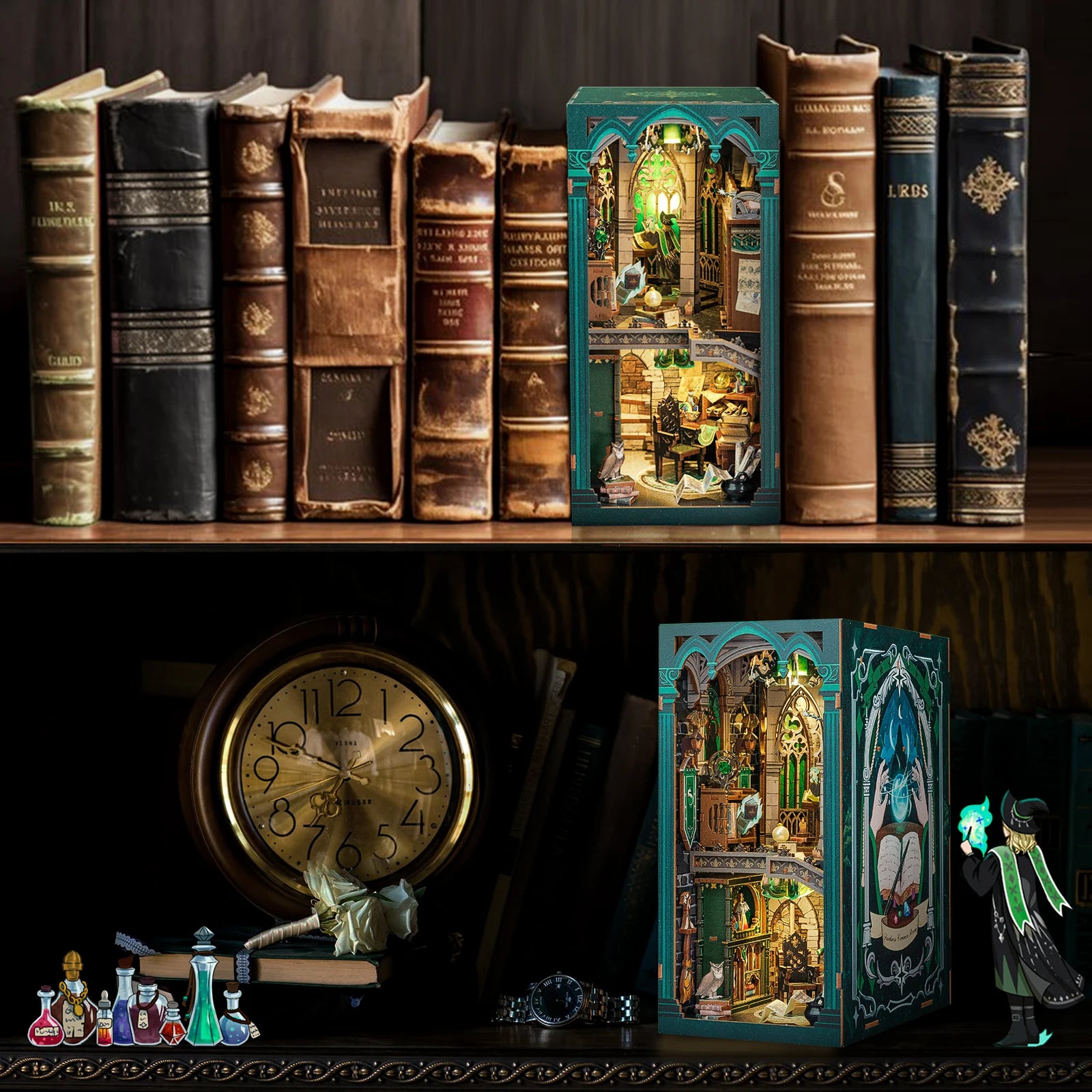 Decorative bookshelf with vintage books and a small illuminated model of a building.