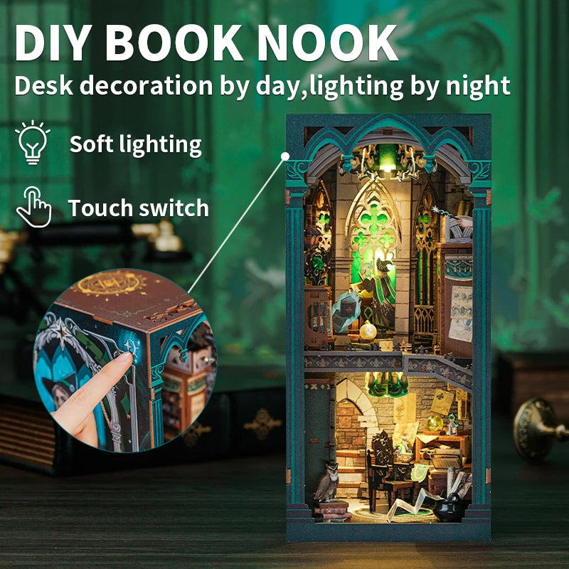 Puzzloria enchanted darkness common room book nook miniature with LED lights bookshelf insert decoration