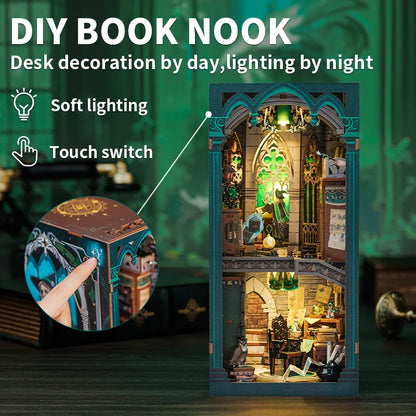 Puzzloria enchanted darkness common room book nook miniature with LED lights bookshelf insert decoration