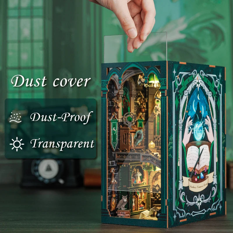 Puzzloria enchanted darkness common room book nook miniature with LED lights bookshelf insert decoration