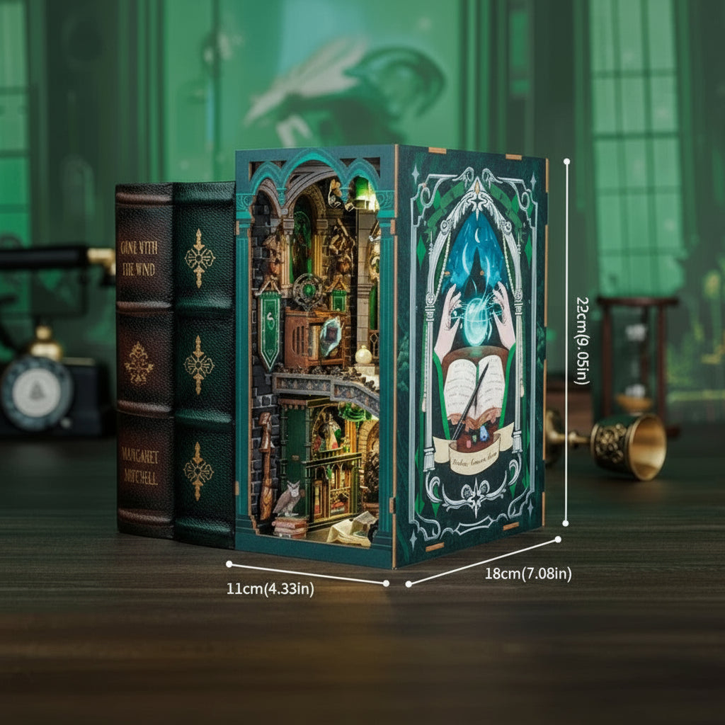 Decorative book with intricate designs and measurements on a dark background