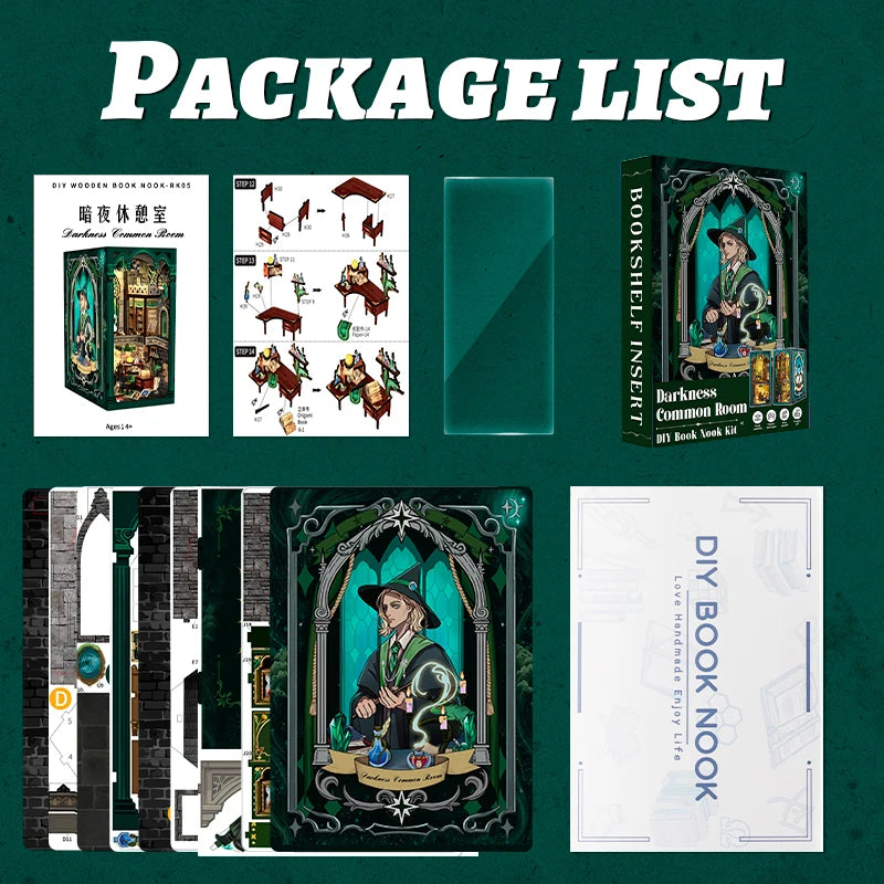 Collection of DIY book nook kit components on a green background