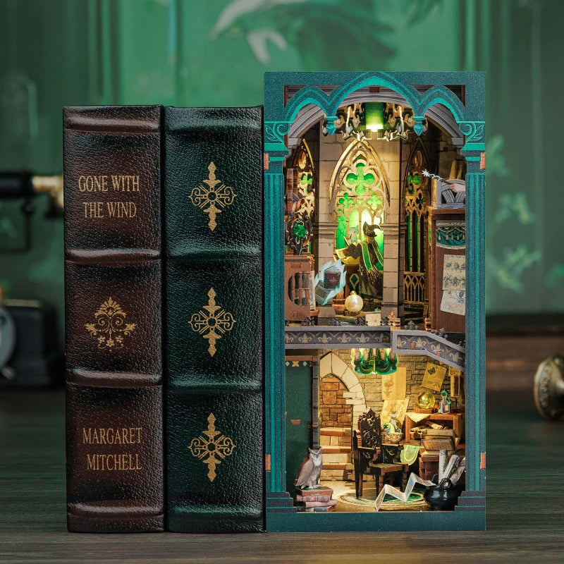 Puzzloria enchanted darkness common room book nook miniature with LED lights bookshelf insert decoration
