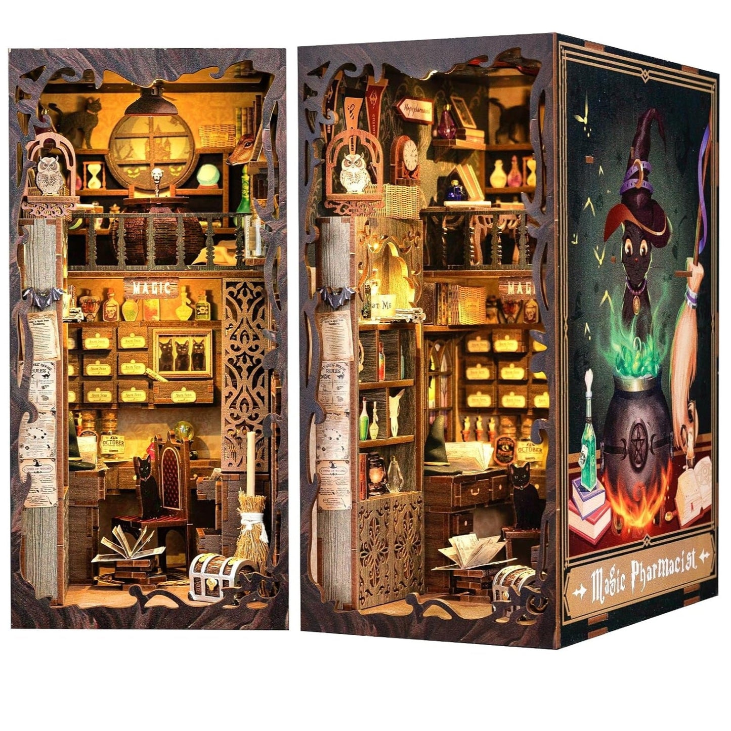 Wooden model of a magical pharmacy with intricate details and shelves filled with various items.