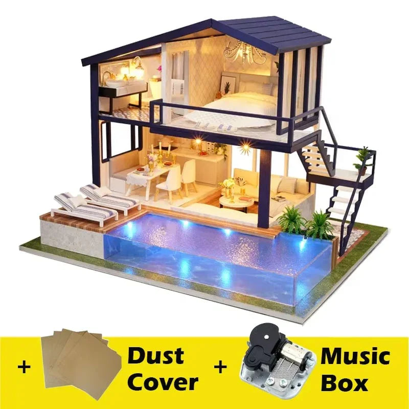two storey miniature house model with a pool, clear dust cover and music box for shelf display, Time Apartment Set + Music Box + Dust Cover