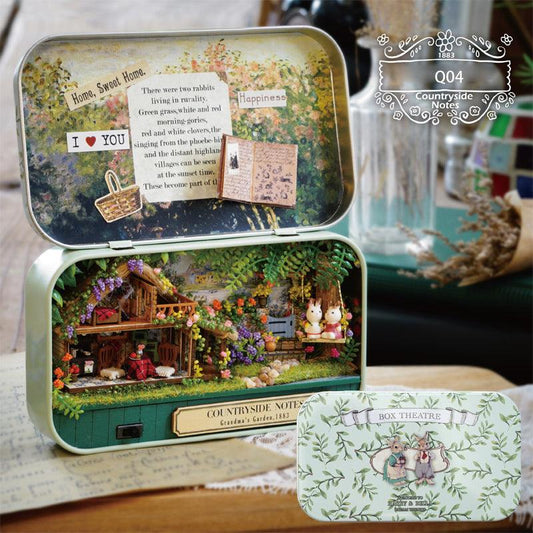 diy miniature house kit tin box theatre with LED light 1:24 scale wooden craft build, Green, Pink, Blue, Purple