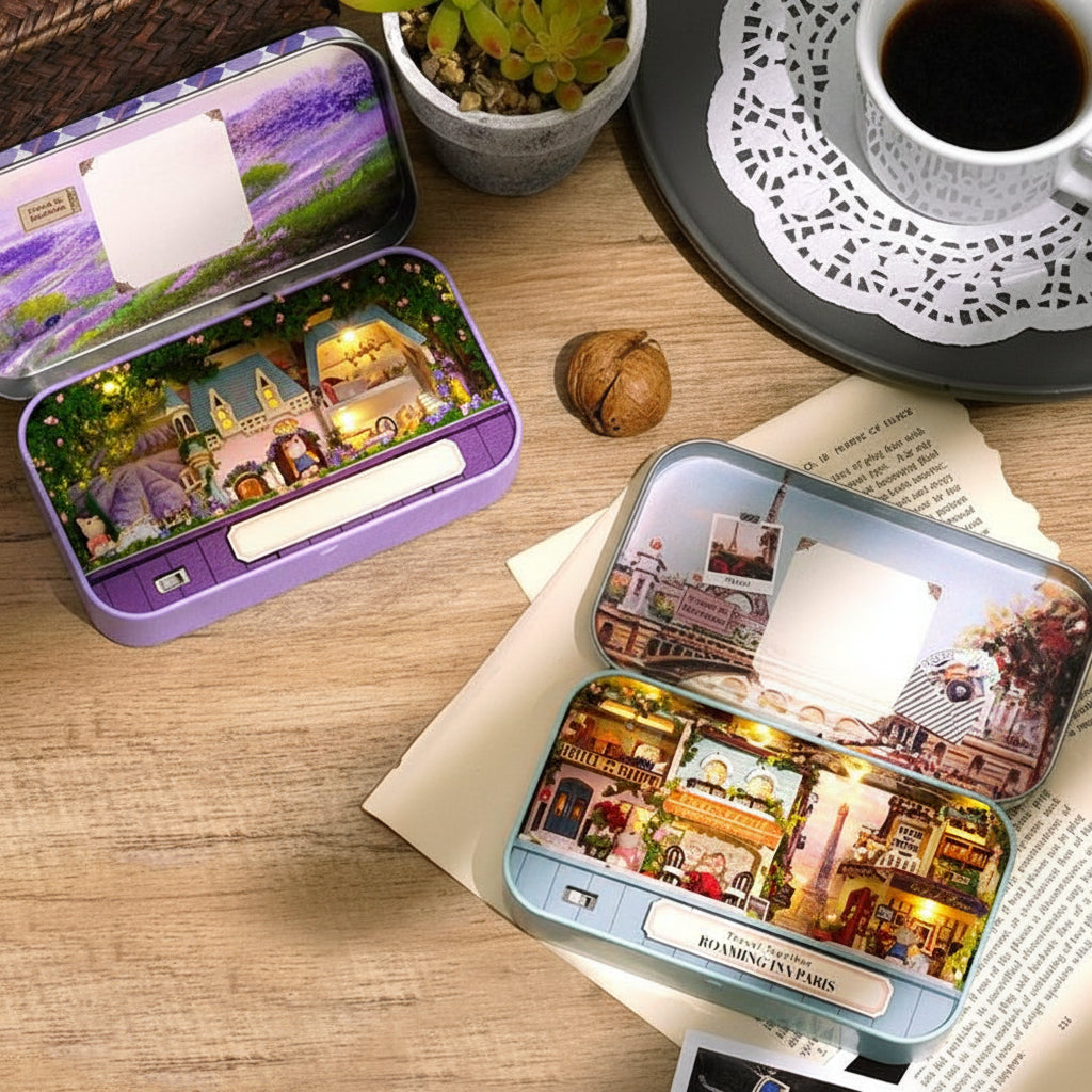 miniature tin theatre kit collection of printed scenes lit interior for bookshelf, Green, Pink, Blue, Purple
