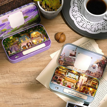 miniature tin theatre kit collection of printed scenes lit interior for bookshelf, Green, Pink, Blue, Purple