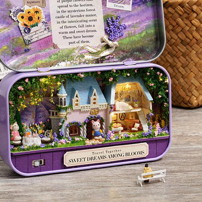 diy dollhouse miniature kit with garden flowers and cottage detail in a metal tin case, Green, Pink, Blue, Purple