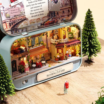 wooden miniature house kit beginner craft project lit tin theatre for shelf display, Green, Pink, Blue, Purple
