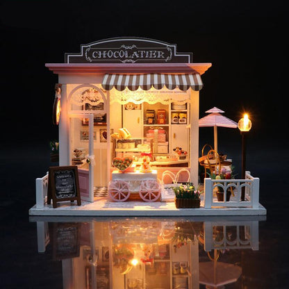 diy miniature house kit chocolate shop room box with LED light 1:24 scale wooden craft build for adults
