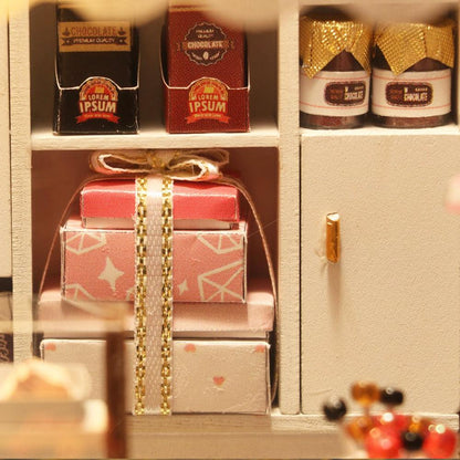 diy dollhouse kit miniature chocolate shop with display counter and tiled floor 1:24 scale wooden model kit