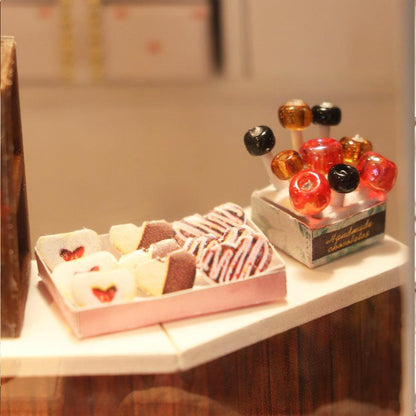 diy miniature kit with tiny chocolates cake stands and gift bags 1:24 scale room box hobby build for adults