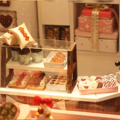 wooden miniature house kit intermediate craft project lit chocolate shop for a shelf or desk display piece