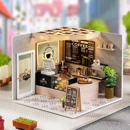 diy miniature house kit coffee shop room box with LED light 1:24 scale wooden craft build for adults