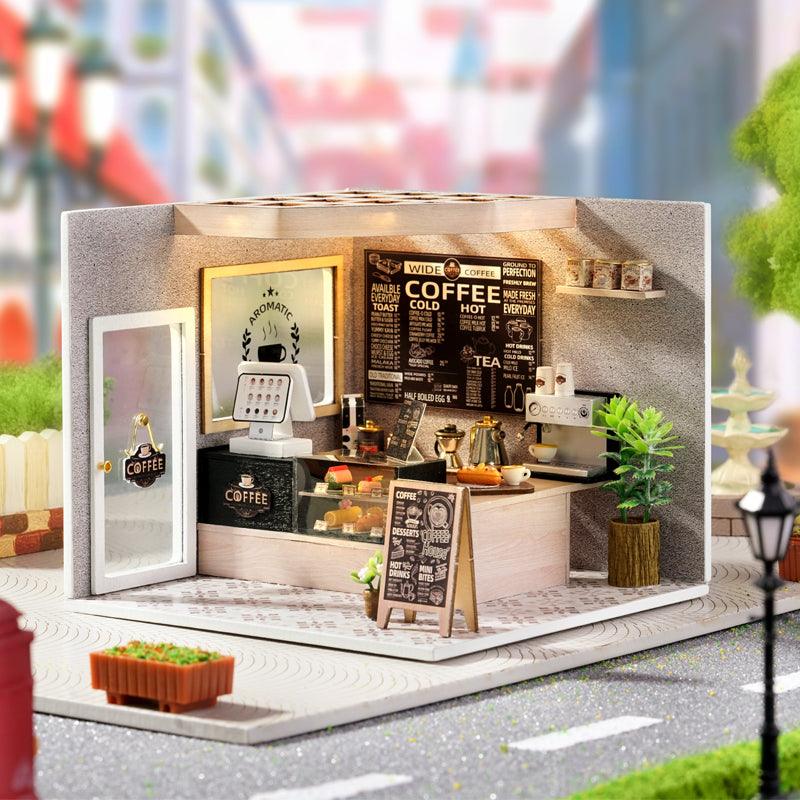 diy dollhouse kit miniature coffee shop with espresso counter and menu wall 1:24 scale wooden model kit