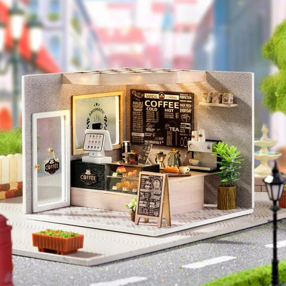 diy dollhouse kit miniature coffee shop with espresso counter and menu wall 1:24 scale wooden model kit