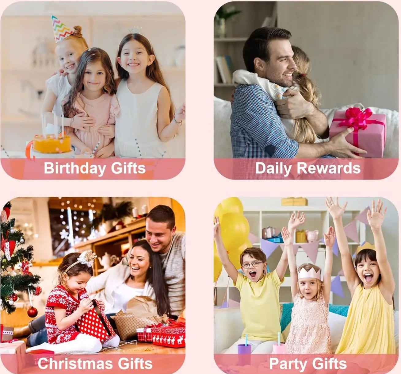 Collage of images showing different types of gifts for kids including birthday, daily rewards, Christmas, and party gifts.