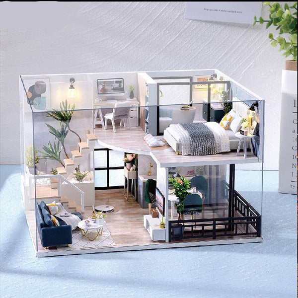 The Satisfied Cozy Time Duplex Apartment Dollhouse With Dust Cover, Room Bedroom Decoration And Furniture, DIY Handmade Model Building Miniature Kit, Wooden 3D Puzzle Toy Craft Birthday Gift Room Decoration 
