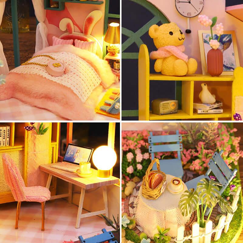 mini dollhouse kit with miniature bedroom desk teddy and flower garden 1:24 scale, Dream In The Flowers