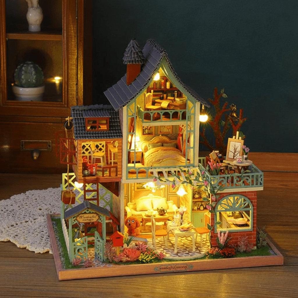 diy miniature house kit two storey villa with LED lights and garden 1:24 scale wooden model for adults