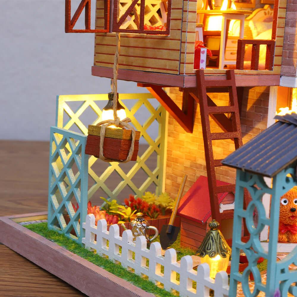 diy miniature kit with tiny furniture staircase and flower garden 1:24 scale wooden house hobby build