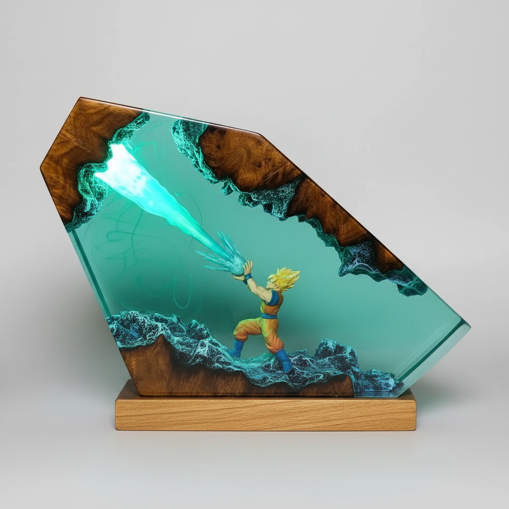 Dragon Ball Z Kakarot resin night light with RGB LED glow. Goku Super Saiyan diorama desk lamp for anime bedroom decor, USB-powered wood base, great DBZ gift. Prism Style