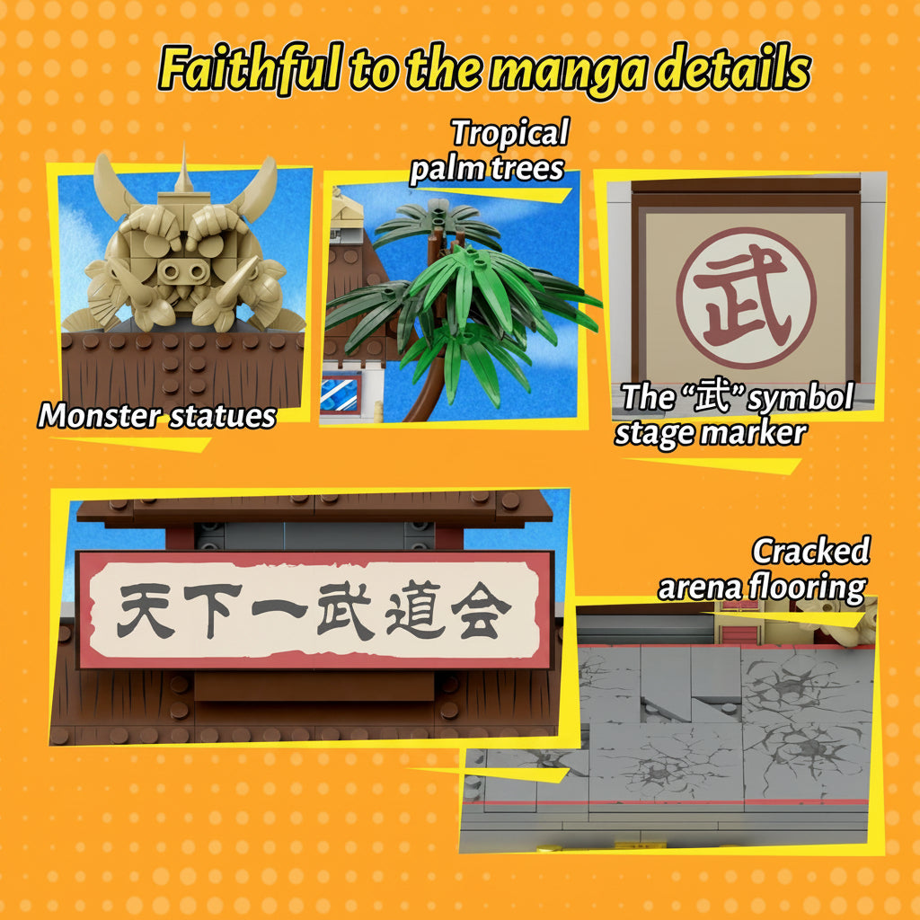 tenkaichi budokai brick set with monster gate statues banner and 武 stage marker faithful to the dragon ball manga