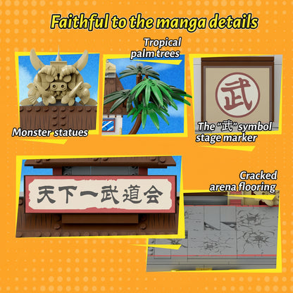 tenkaichi budokai brick set with monster gate statues banner and 武 stage marker faithful to the dragon ball manga