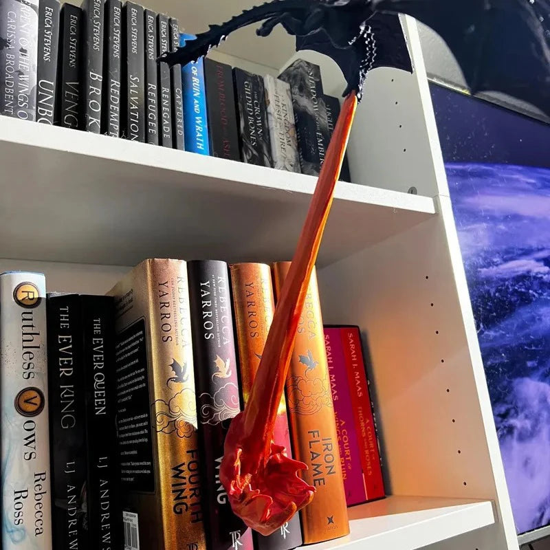 fire breathing dragon decoration on a reading corner bookshelf, fantasy gift for book lovers and dragon collectors