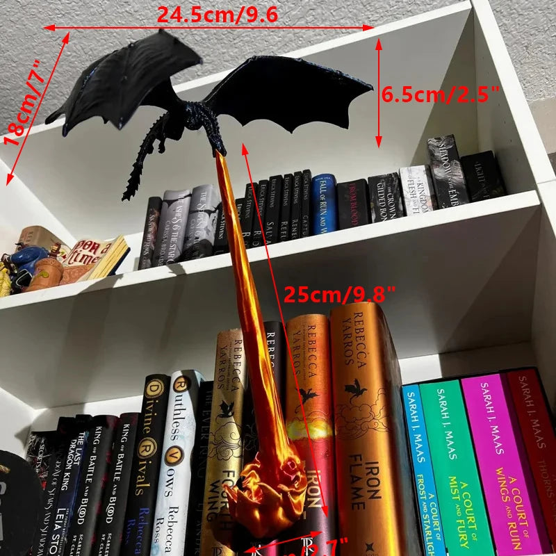 dragon book nook size guide showing the 24.5 cm wingspan and 25 cm flame column that fit a standard bookcase shelf
