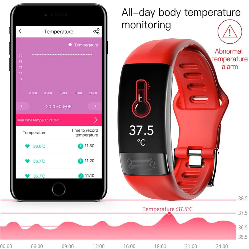 health watch app with all day temperature readings and abnormal temperature alarm, smart band for parents, Black, Blue, Red