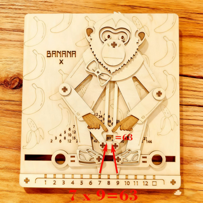 wooden multiplication calculator pantograph mechanism solving 7x9=63 monkey puzzle times tables learning tool for kids