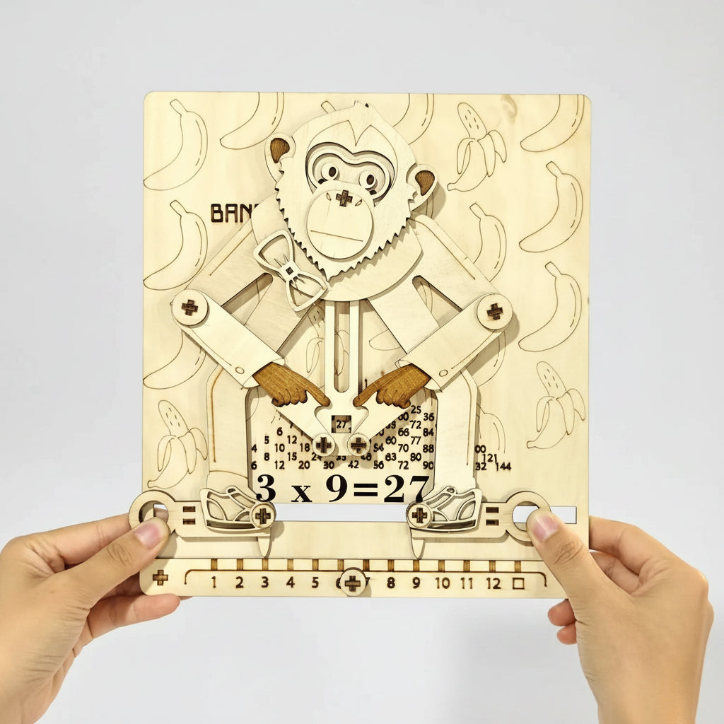 wooden educated monkey multiplication calculator puzzle held in hand 3x9 hands-on math learning gift for homeschool teacher