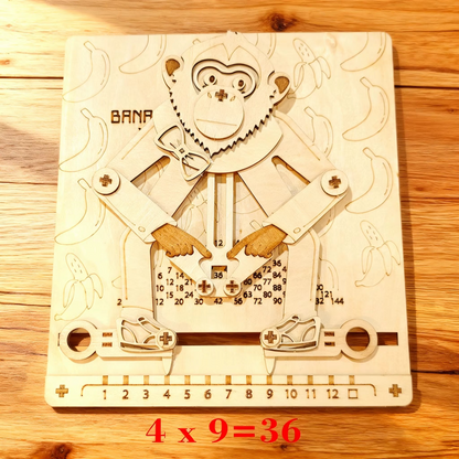 wooden educated monkey multiplication calculator on wood desk solving 4x9=36 hands-on math learning tool homeschool gift