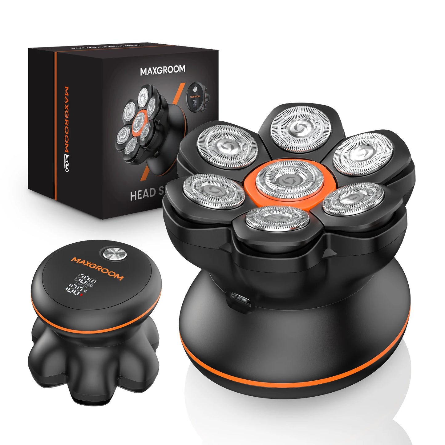 electric head shaver for bald men with seven rotary blades and charging stand, cordless mens grooming gift set